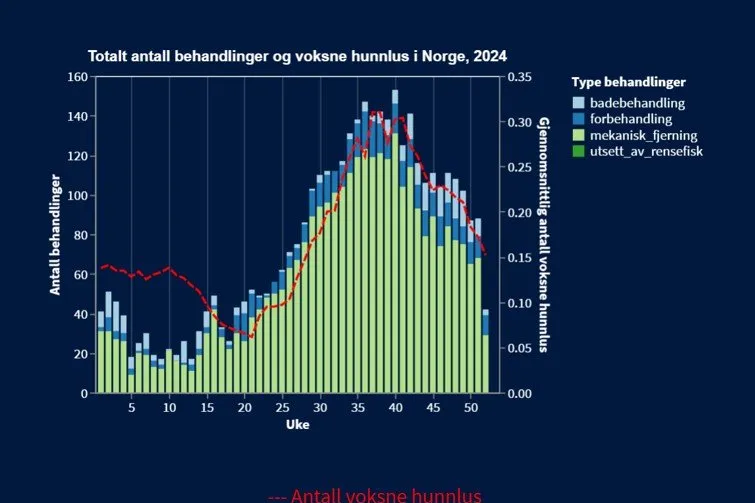 Figur 1, hentet fra www.lusedata.no, med fordeling over totalt antall lusebehandlinger i Norge gjennom året 2024.
