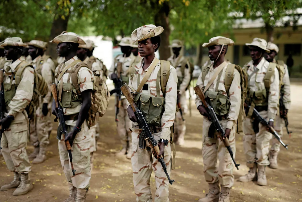 On parade: Chadian troops take part in an excercise near the capital N'djamena. ERHC is changing its strategy due to risk assessments on working in the country
