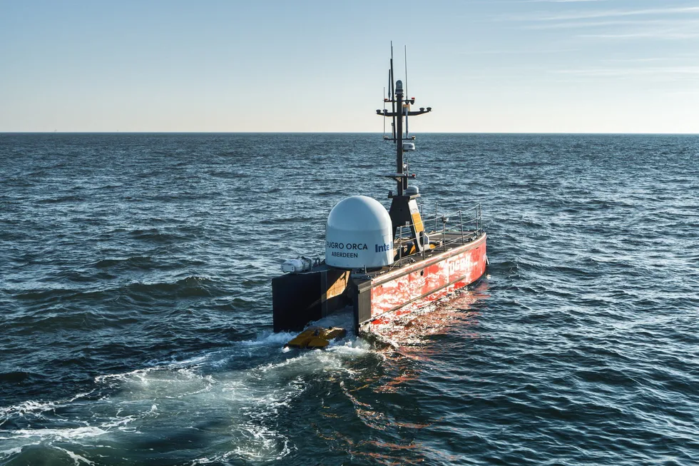 The Fugro Orca, an uncrewed vessel which was used to carry out surveying work to protect offshore infrastructure for the Dutch Ministry of Defence.