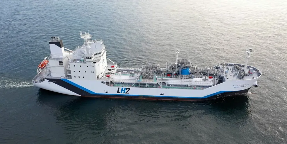 The liquefied hydrogen carrier Suiso Frontier, built in 2021 by Kawasaki Heavy Industries to prove the viability of transporting H2 from Australia to Japan.