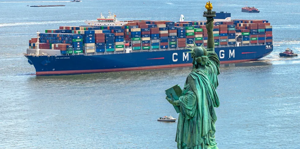 A CMA CGM ship approaches the Port of New York and New Jersey. It is the busiest container port on the US East Coast.