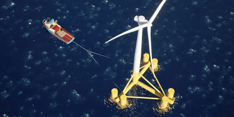 CGI of the Stiesdal Offshore TetraSpar in tow