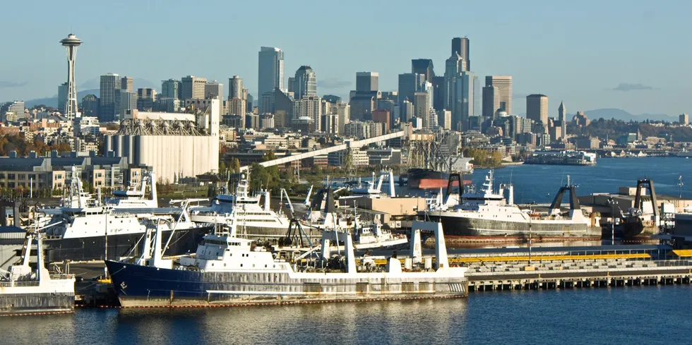The Alaska pollock fleet moored in Seattle at Pier 91.
