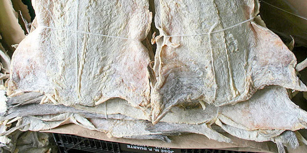 Salted cod, bacalhau, in a Brazilian seafood market.