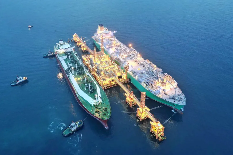 Inaugural load: The Bauhinia Spirit FSRU receiving its first cargo.