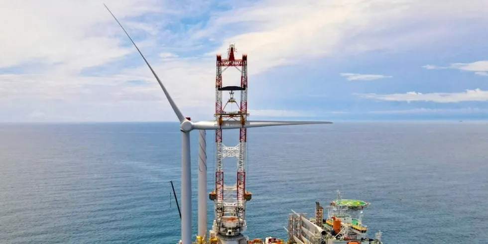 Installation of CVOW pilot project by Luxembourg-based Jan De Nul's Vole au vent jack-up vessel
