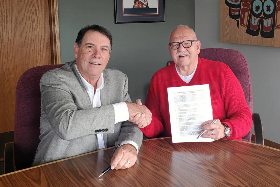 Jim Parsons, president of the Northwest Aquaculture Alliance (left), pictured with Ron Allen, Tribal Council Chair and CEO of the Jamestown S’Klallam Tribe. Parsons, formerly with Cooke Aquaculture, helped spearhead a partnership with the tribe to farm steelhead on S'Klallam tribal lands.