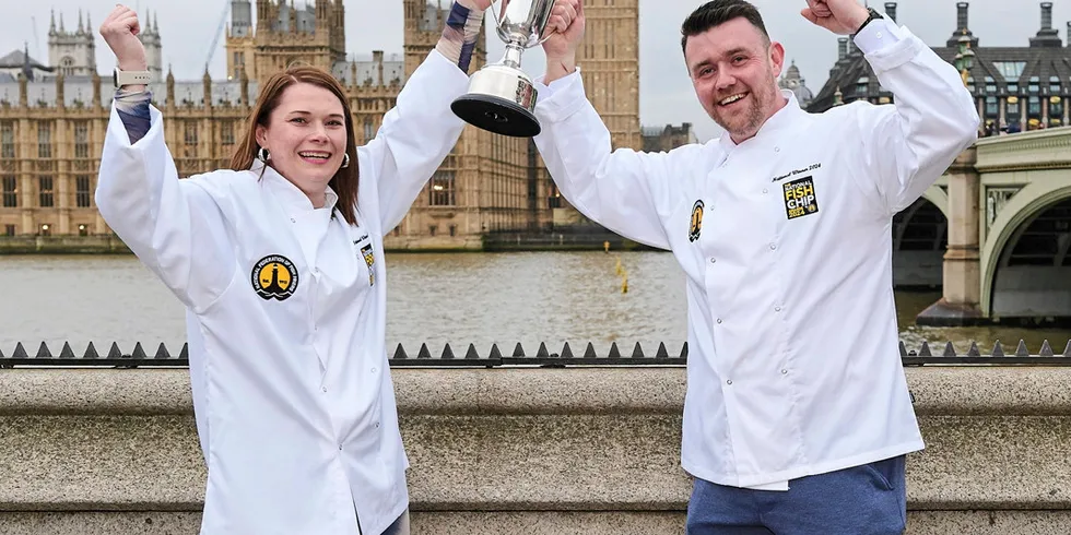 Kimberly Hughes (left) and Ryan Hughes, co-owners of Ship Deck in Caerphilly, celebrate in London after winning in the ‘Takeaway of the Year’ category at the UK’s National Fish and Chip Awards, Feb, 28, 2024.