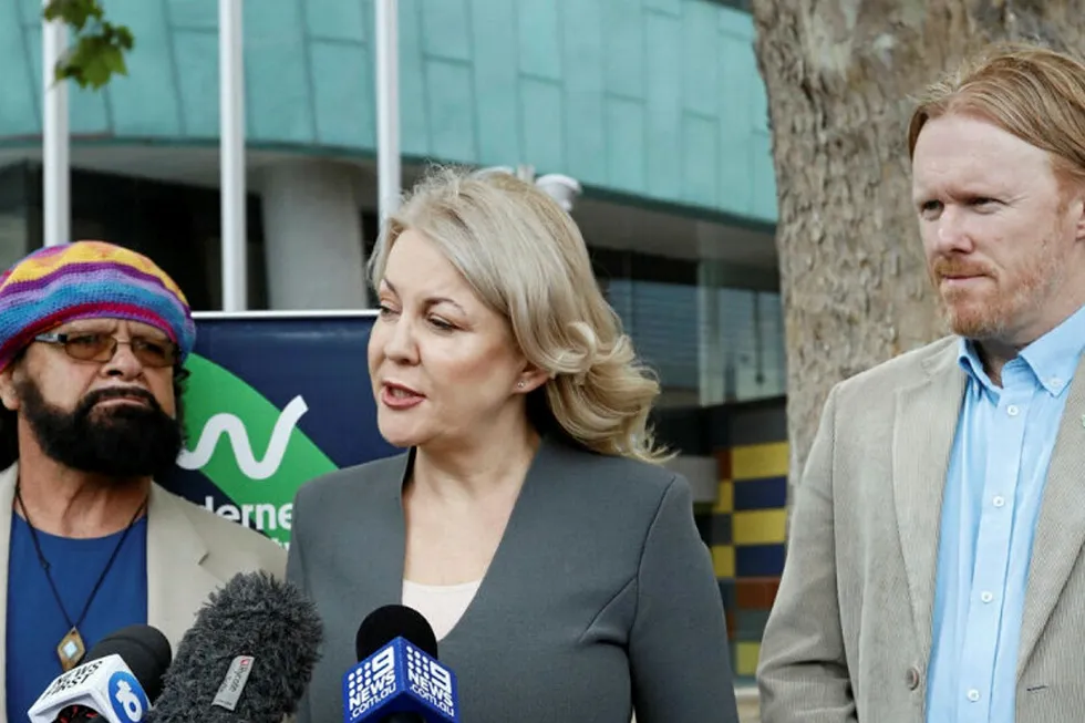 Bight legal action: (L-R) Mirning Elde Bunna Lawrie, City of Holdfast Bay Mayor Amanda Wilson and Peter Owen, director of the Wilderness Society South Australia