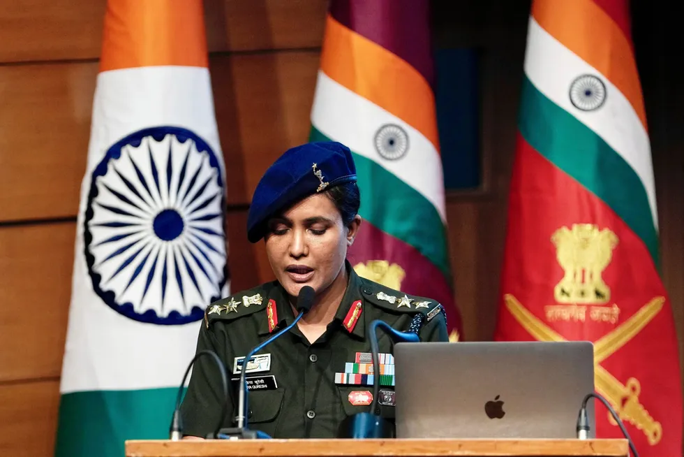 Indian army officer Colonel Sofiya Qureshi addresses a press conference on Wednesday after India launched Operation Sindoor against several targets within Pakistani controlled territory.