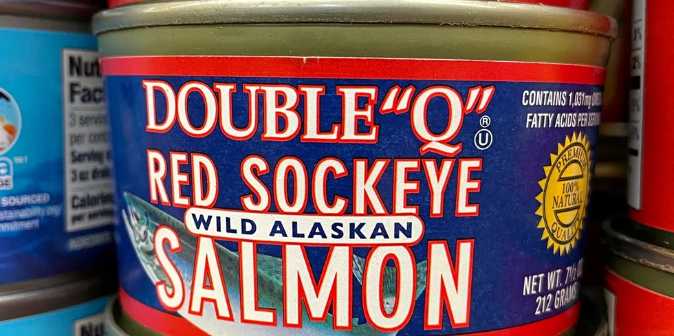 The USDA is seeking more canned salmon to distribute through federal programs next year. Pictured above: canned salmon stored in OBI Seafoods' Larsen Bay facility in Alaska.