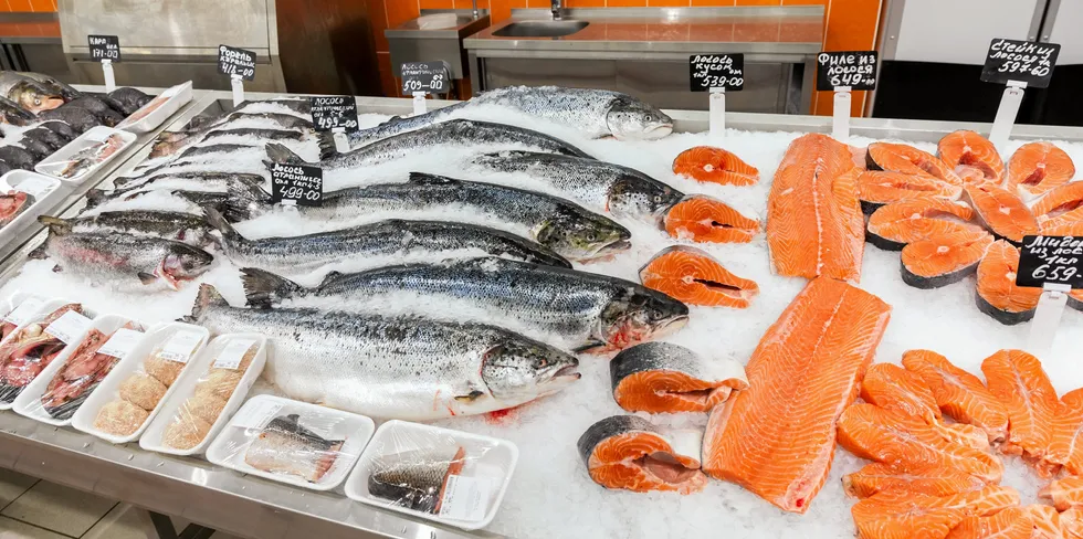 Raw fish ready for sale in the supermarket Magnit, one of largest retailers in Russia salmon.