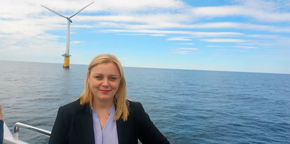 Norwegian energy minister Tina Bru with Hywind Demo floating wind turbine
