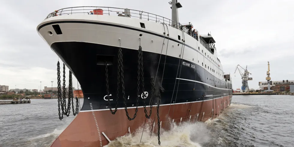 Russian Federation President Vladimir Putin was on hand for the launch of Russian Fishery Companys newest supertrawler, the Mechanic Sizov.
