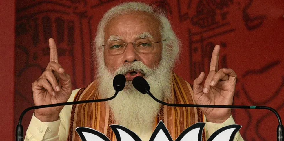 India's Prime Minister Narendra Modi addresses an election rally in West Bengal.