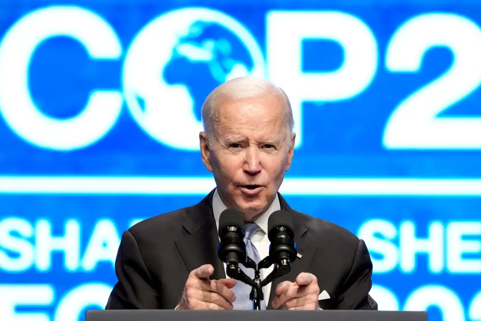 Pointing the way: President Joe Biden speaks at the COP27 climate summit at Sharm el-Sheikh, Egypt.