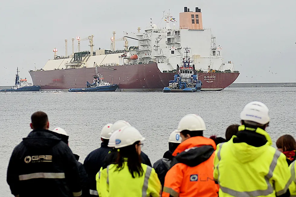 An LNG carrier at the LNG terminal in Swinoujscie, Poland.