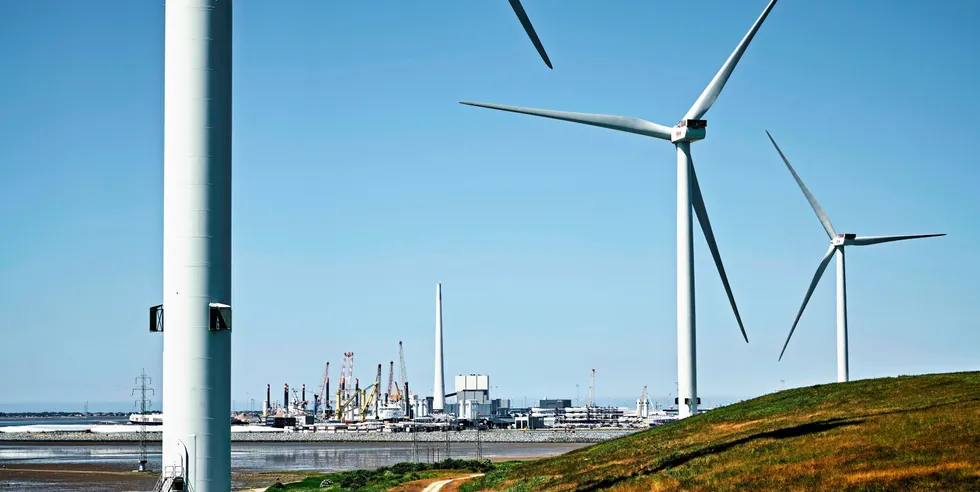 Wind turbines with port of Esbjerg in background.