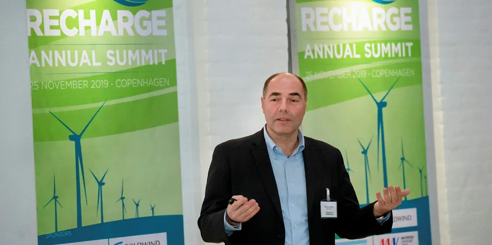 Newly named WindEurope chair Philippe Kavafyan speaking at the 2019 Recharge Energy Transition Summit, in Copenhagen, Denmark