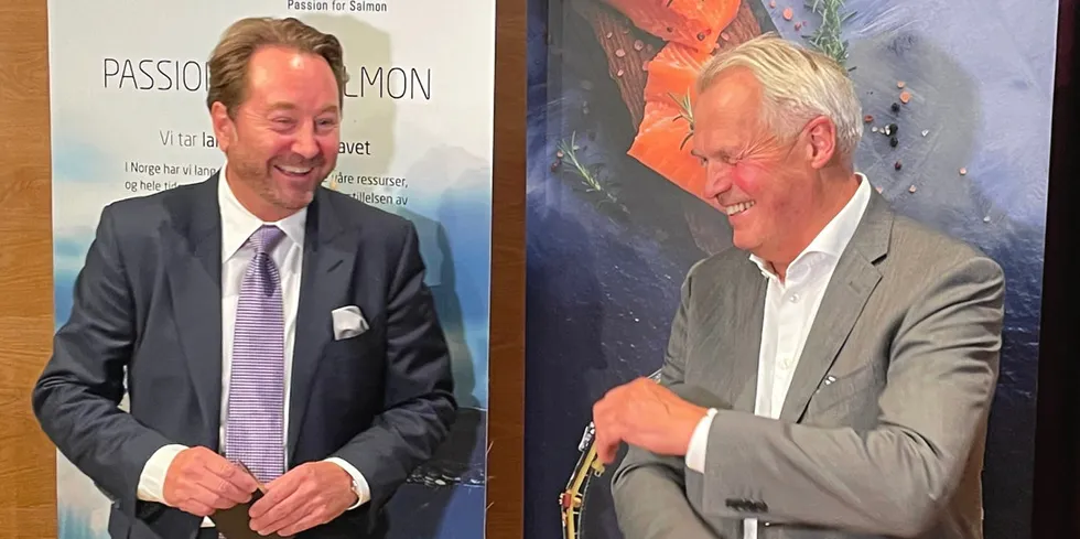 Aker Group's Kjell Inge Rokke (left) and SalMar's Gustav Witzoe at the announcement of the formation of SalMar Aker Ocean, the offshore salmon farming project. The two men are among Norway's wealthiest, but found commonality in their humble fishing industry roots.