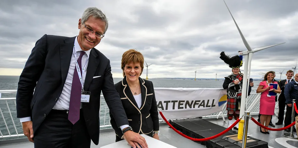 Vattenfall CEO Magnus Hall and Scottish First Minister Nicola Sturgeon attend the opening of company's European Offshore Wind Deployment Centre located in Aberdeen Bay.