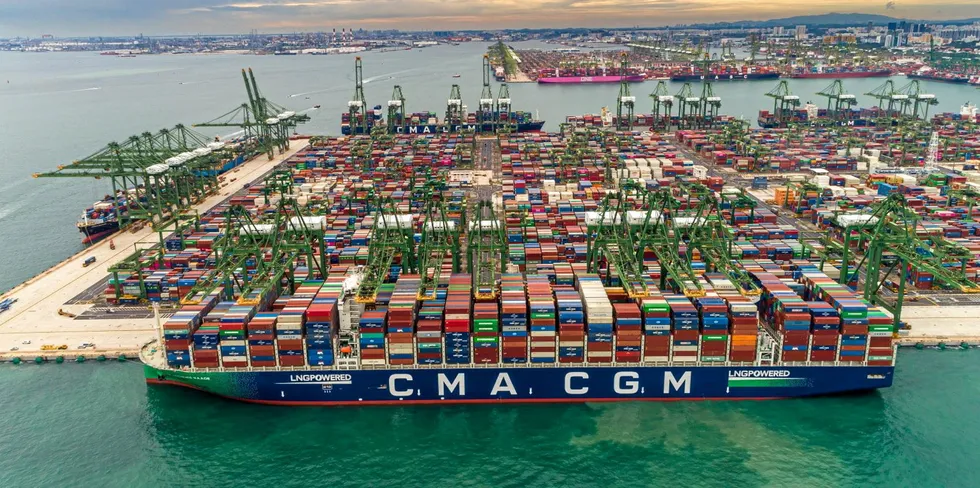 The 23,000-teu containership CMA CGM Jacques Saade (built 2020) at CPLT in Singapore.