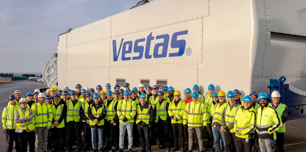 Vestas team in from of its EnVentus wind turbine prototype
