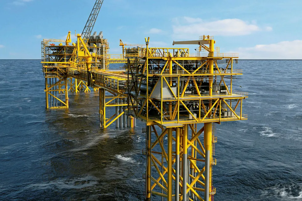 Battle plan: the future riser platform at Tyra and, behind it, two wellhead platforms