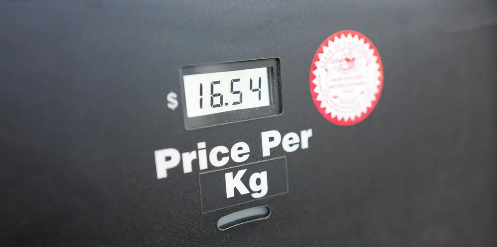 Close-up of a hydrogen fuel pump at a filling station in California in November 2018.