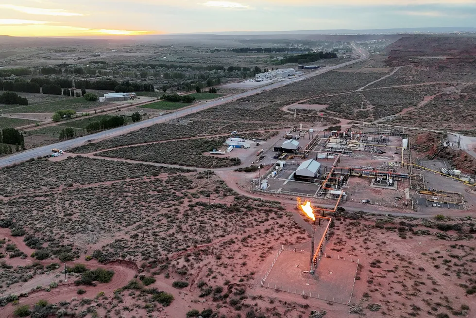 A drone view shows a shale gas flare in the Vaca Muerta formation outside the Patagonian oil and gas town of Anelo, Argentina, in October 2024.