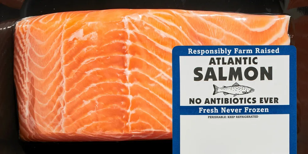 This Walmart skinpack of Atlantic farmed salmon highlights the fact that no antibiotics are used.