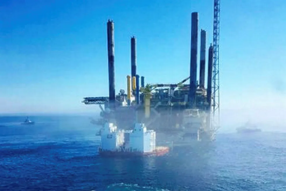End of an era: the decommissioned Deep Panuke production platform arrives in Halifax port, Nova Scotia, Canada