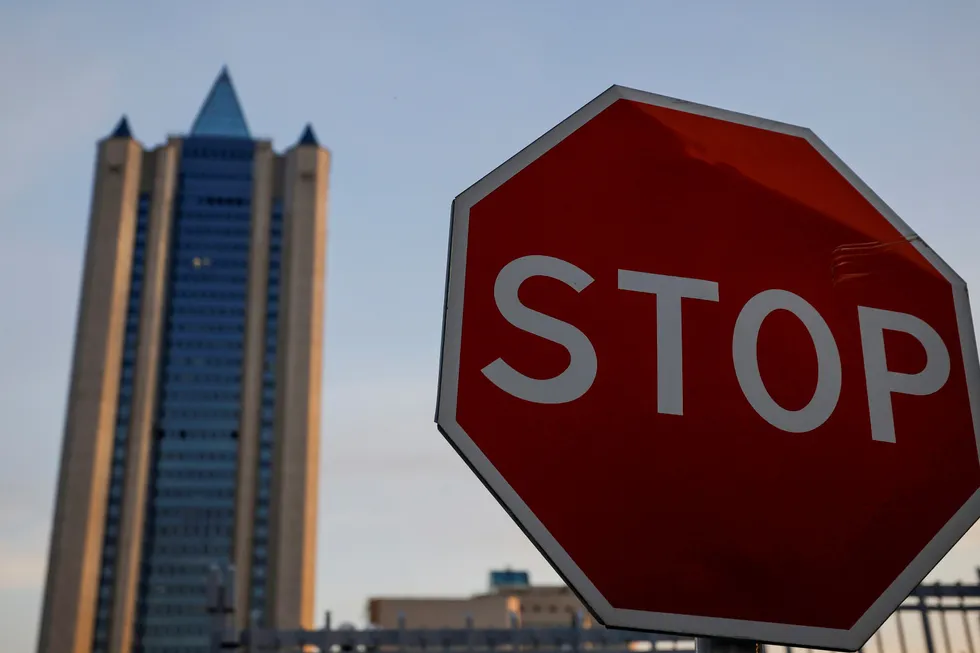 Maintenance halt: a street stop sign is seen near the headquarters of Russian gas giant Gazprom in Moscow