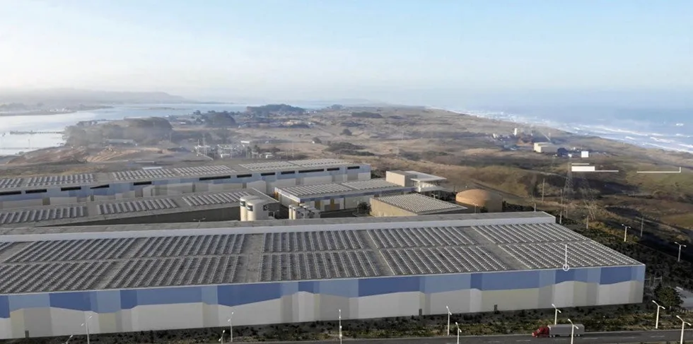 A rendering of Nordic Aquafarms land-based salmon RAS site on the Samoa Peninsula in Humboldt County, California.