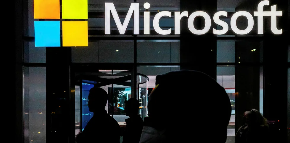 A signage of Microsoft is seen on March 13, 2020 in New York City.