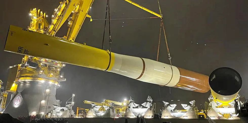 Steel foundations for Orsted's Borkum Riffgrund 3 offshore wind farm in Germany.