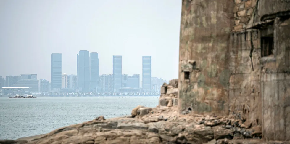 A concrete bunker overlooks the Chinese city of Xamen from the Taiwanese island of Little Kinmen which, at points lies only a few miles from China.
