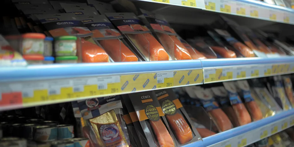 Salmon on supermarket shelf in St. Petersburg. Russia is quickly running out of farmed salmon supplies as Chilean companies turn away.