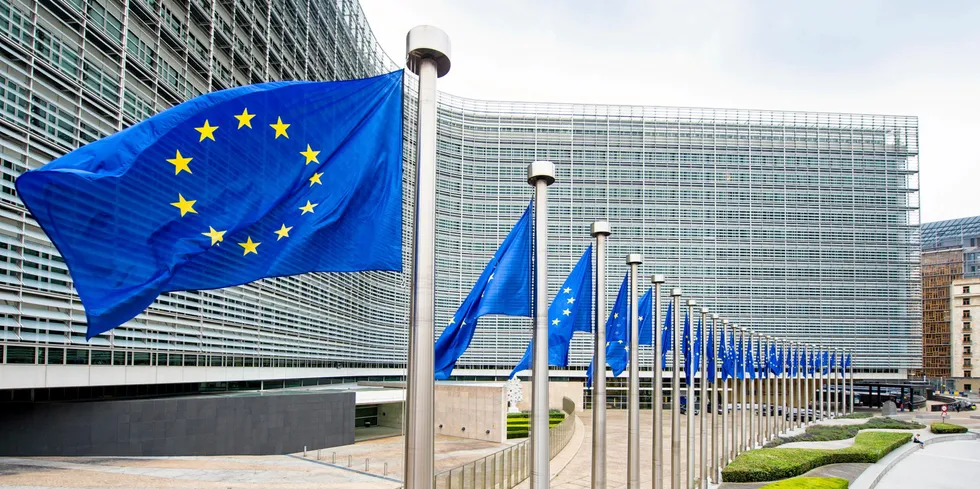 Drapeaux Berlaymont . Berlaymont building of the European Commission.