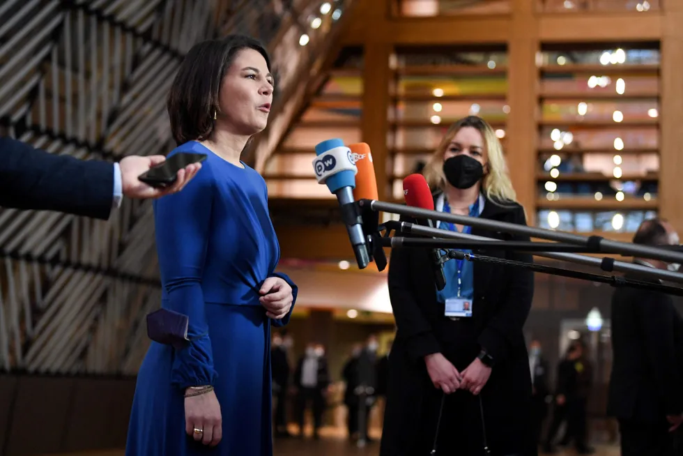 Firm stance: German Foreign Minister Annalena Baerbock answers questions after Foreign Affairs Council meeting at the EU headquarters in Brussels
