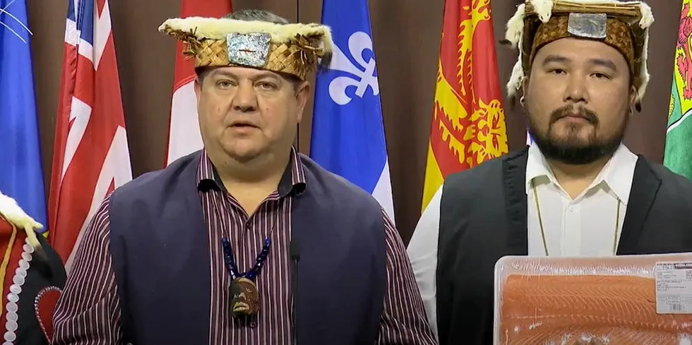 Chris Roberts, chief council of BC's Wei Wai Kum First Nation (left) points out the increased cost of farmed salmon in Canada following Joyce Murray's decision to shutter 15 netpen farms in British Columbia's Discovery Islands.