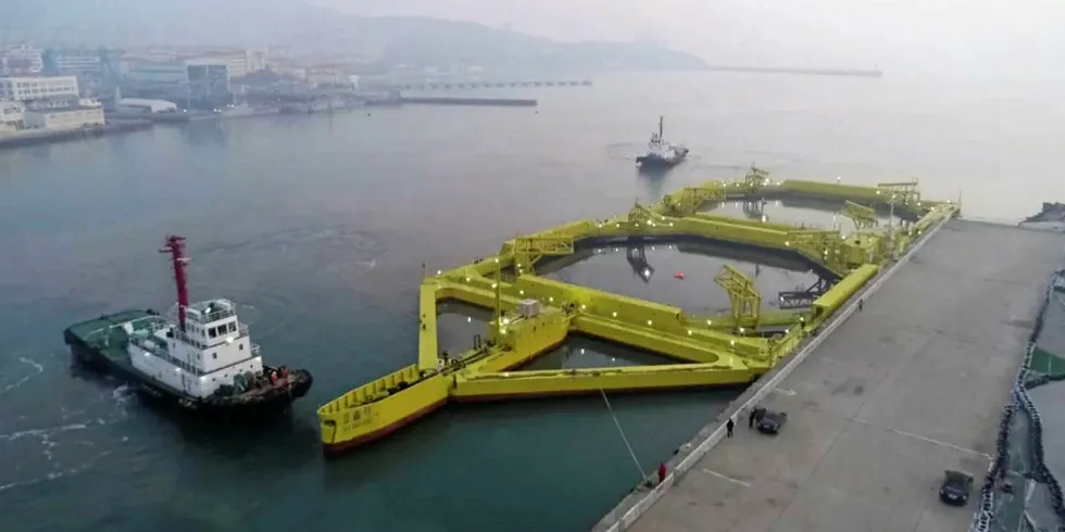 Weihai Haien Blue Sea Aquaculture's intelligent salmon cage 'Sea Treasure' in Weihai Old Port Terminal.