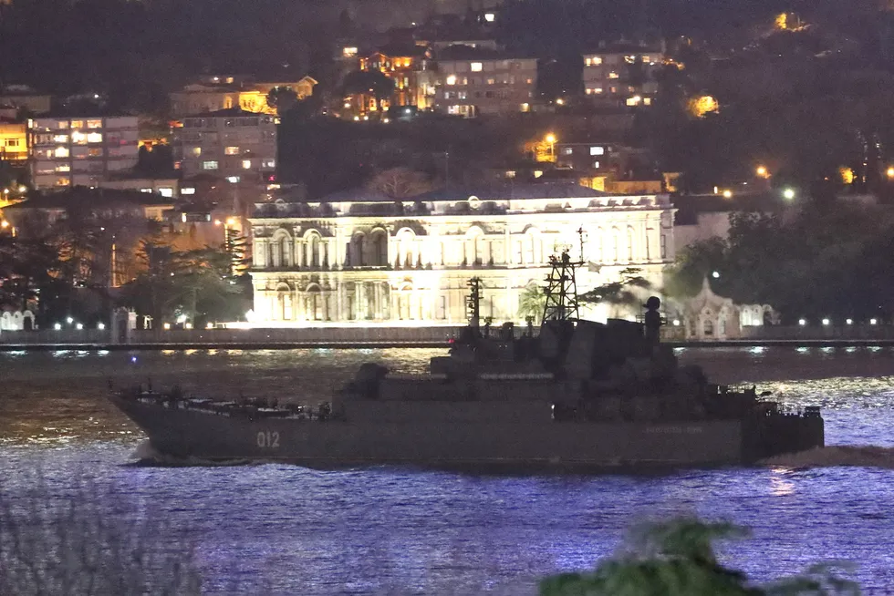 The Russian Navy's large landing ship Olenegorsky Gornyak sets sail in the Bosphorus, on its way to the Black Sea, in Istanbul, Turkey February 9, 2022.