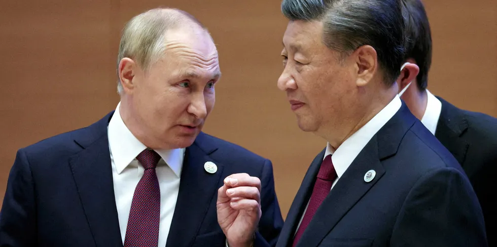 Russian President Vladimir Putin speaks with Chinese President Xi Jinping in September 2022. Alaska whitefish groups are arguing that sanctions should be placed on Russian-caught pollock imports into the United States.