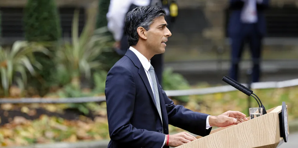 UK Prime Minister Rishi Sunak speaking in Downing Street.