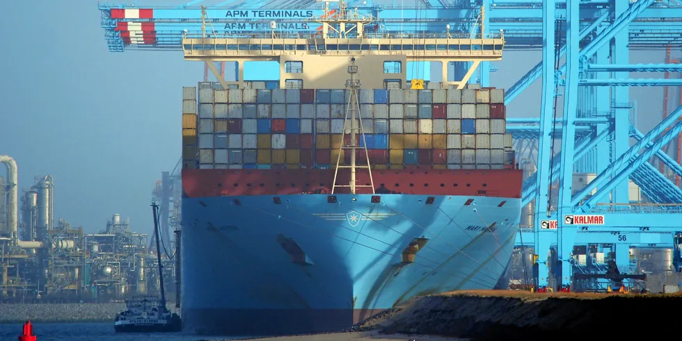 The 18,340-teu Mary Maersk (built 2013) in the port of Rotterdam where cargoes bound for Russia will be blocked by customs.