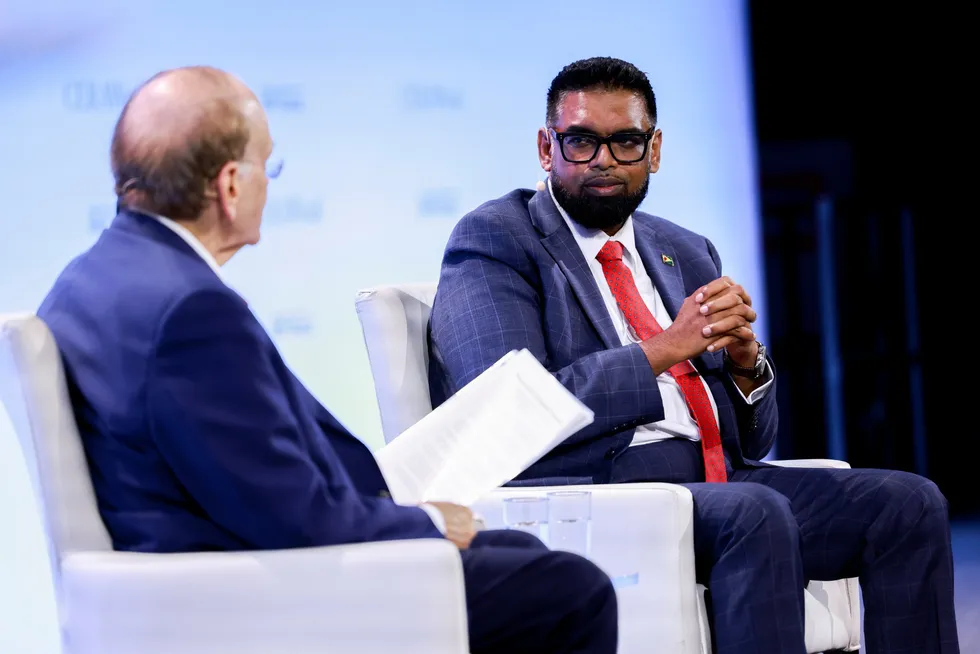 Guyana President Mohamed Irfaan Ali, (right) speaks to S&P Global vice chair Daniel Yergin during the CERAWeek by S&P Global energy conference in Houston, on Tuesday.