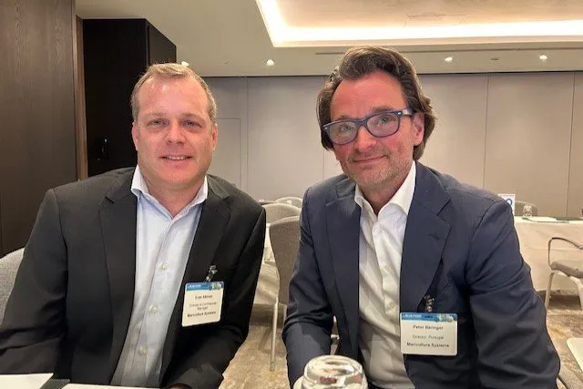 Mariculture Systems Portugal Director Peter Beringer (right) and Mariculture Systems Commercial Director Eran Altman (left) at ReThink's Blue Food Innovation Summit in London.