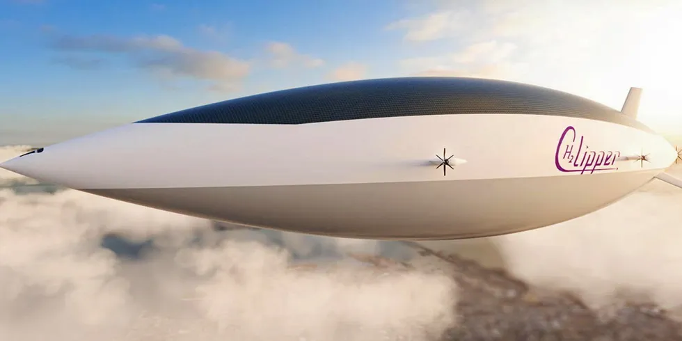 A rendering of the hydrogen-powered H2 Clipper airship