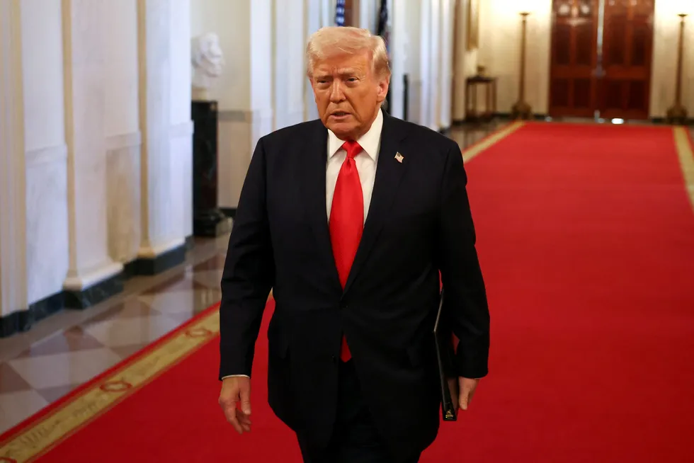 US President Donald Trump arrives for a presentation of the Commander-in-Chief trophy to the United States Naval Academy's American football team at the White House in Washington, DC, US, on 15 April 2025.